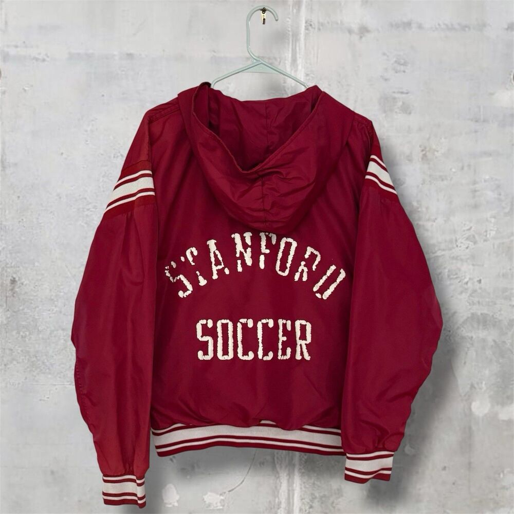 Vintage Stanford Cardinal Soccer Russell Athletic Satin Bomber Jacket Sz M Hood